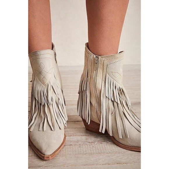 NEW FREE PEOPLE LAWLESS FRINGE WESTERN SUEDE ANKLE BOOT IN BONE - Picture 2 of 5